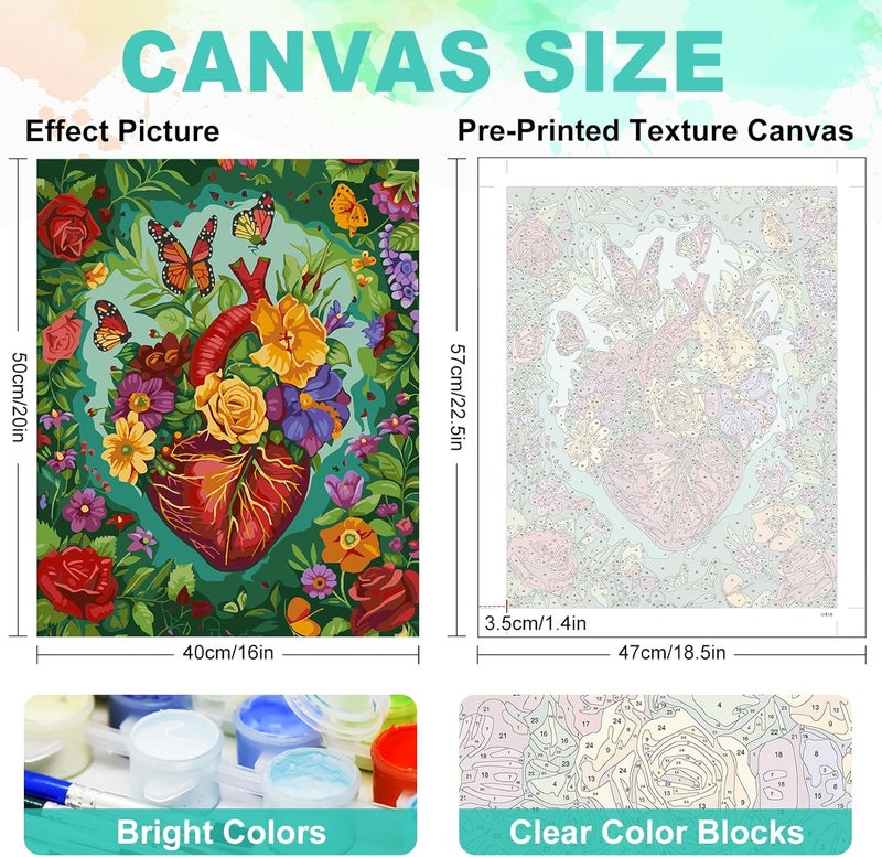 GEEHEIY Paint by Numbers Kit for Adults Beginner - Heart Adult Paint by Number Kits on Canvas, Flower DIY Acrylic Oil Number Painting for Adults, Perfect for Home Decor Gift 16x20 Inch - Image 3